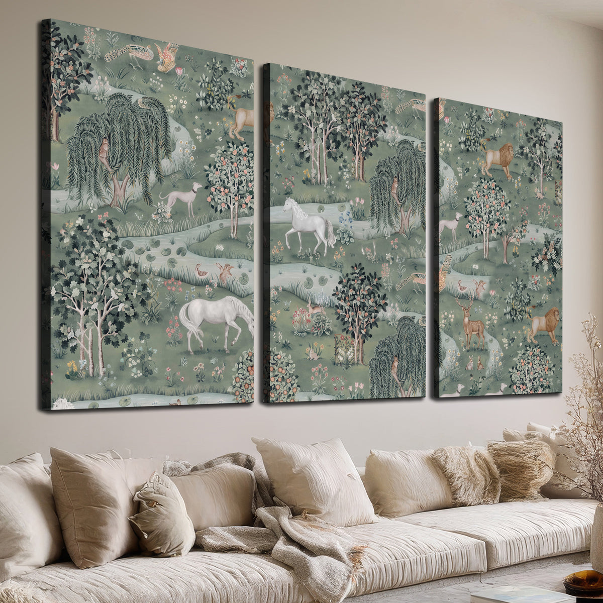Decorative white horses and woodland animals among sage trees 3 piece canvas wall art room and product view