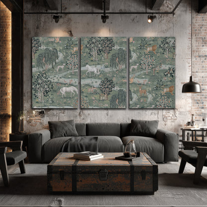 Decorative white horses and woodland animals among sage trees 3 piece canvas wall art displayed in a industrial room