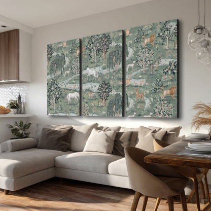 Decorative white horses and woodland animals among sage trees 3 piece canvas wall art room and product view