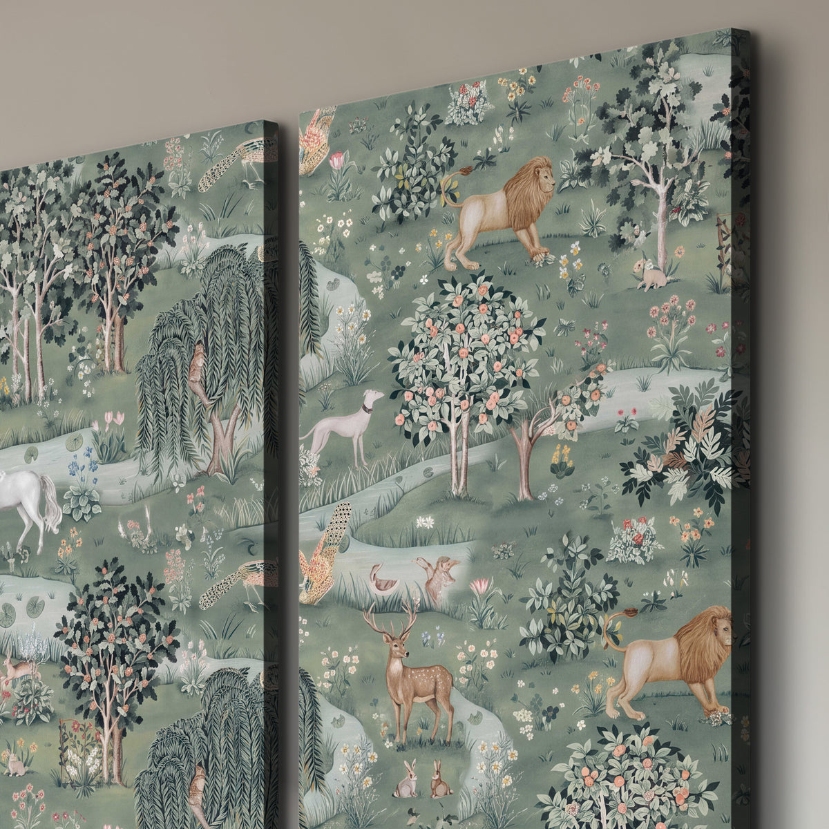 Decorative white horses and woodland animals among sage trees 3 piece canvas wall art room and product view