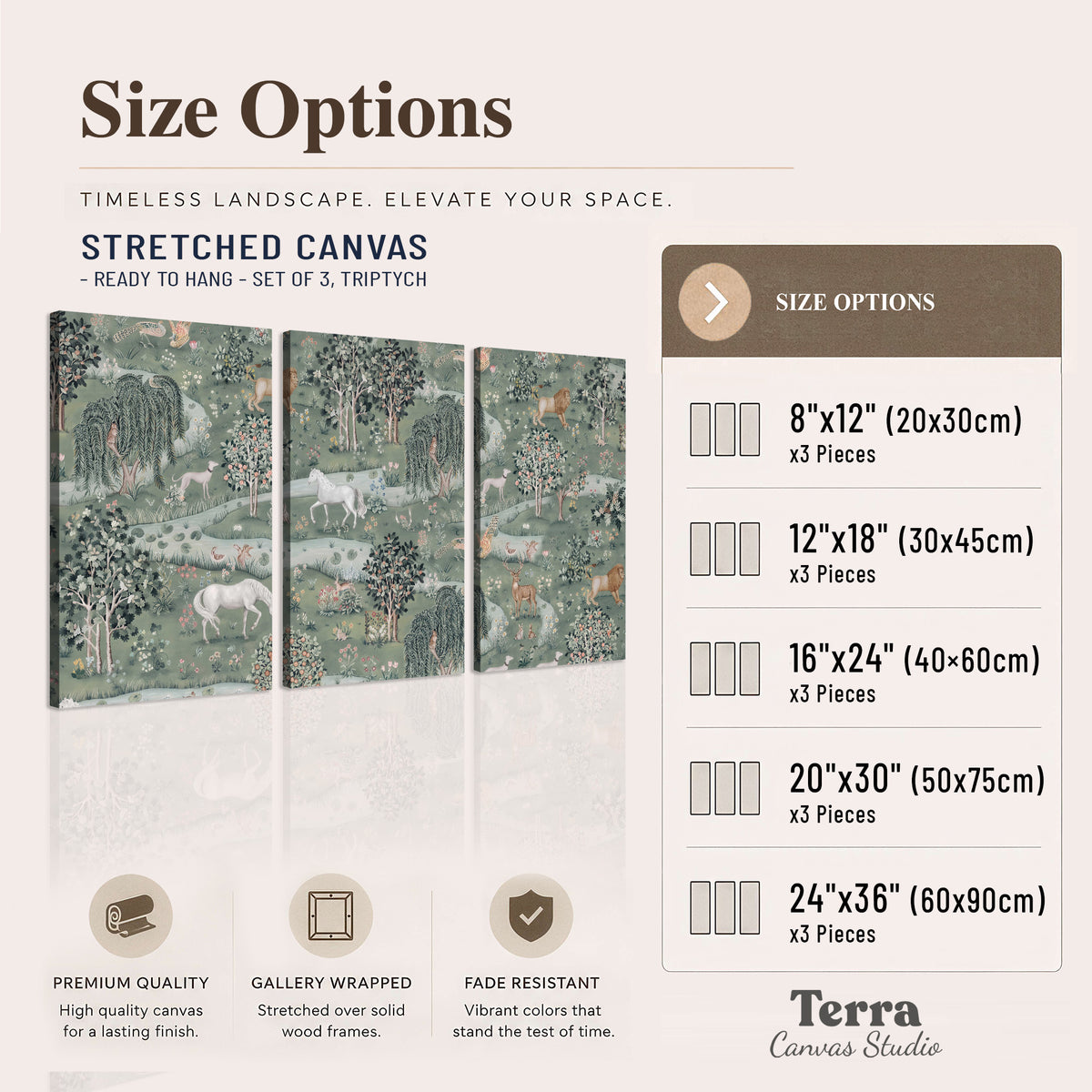 Decorative white horses and woodland animals among sage trees 3 piece canvas wall art available dimensions; triptych dimensions are per panel