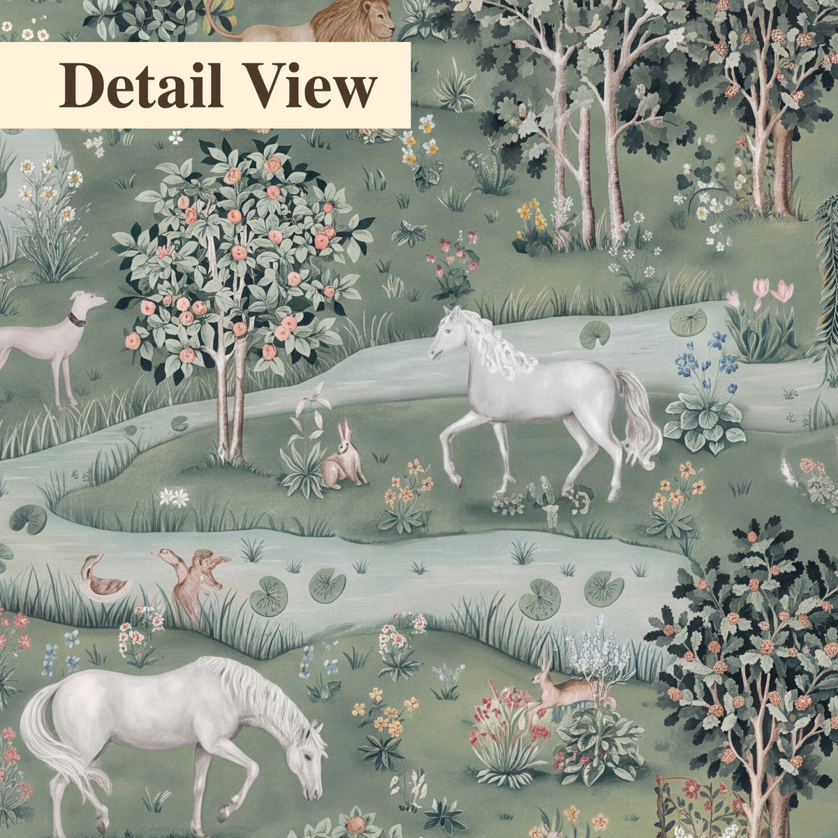 Decorative white horses and woodland animals among sage trees 3 piece canvas wall art artwork detail close up