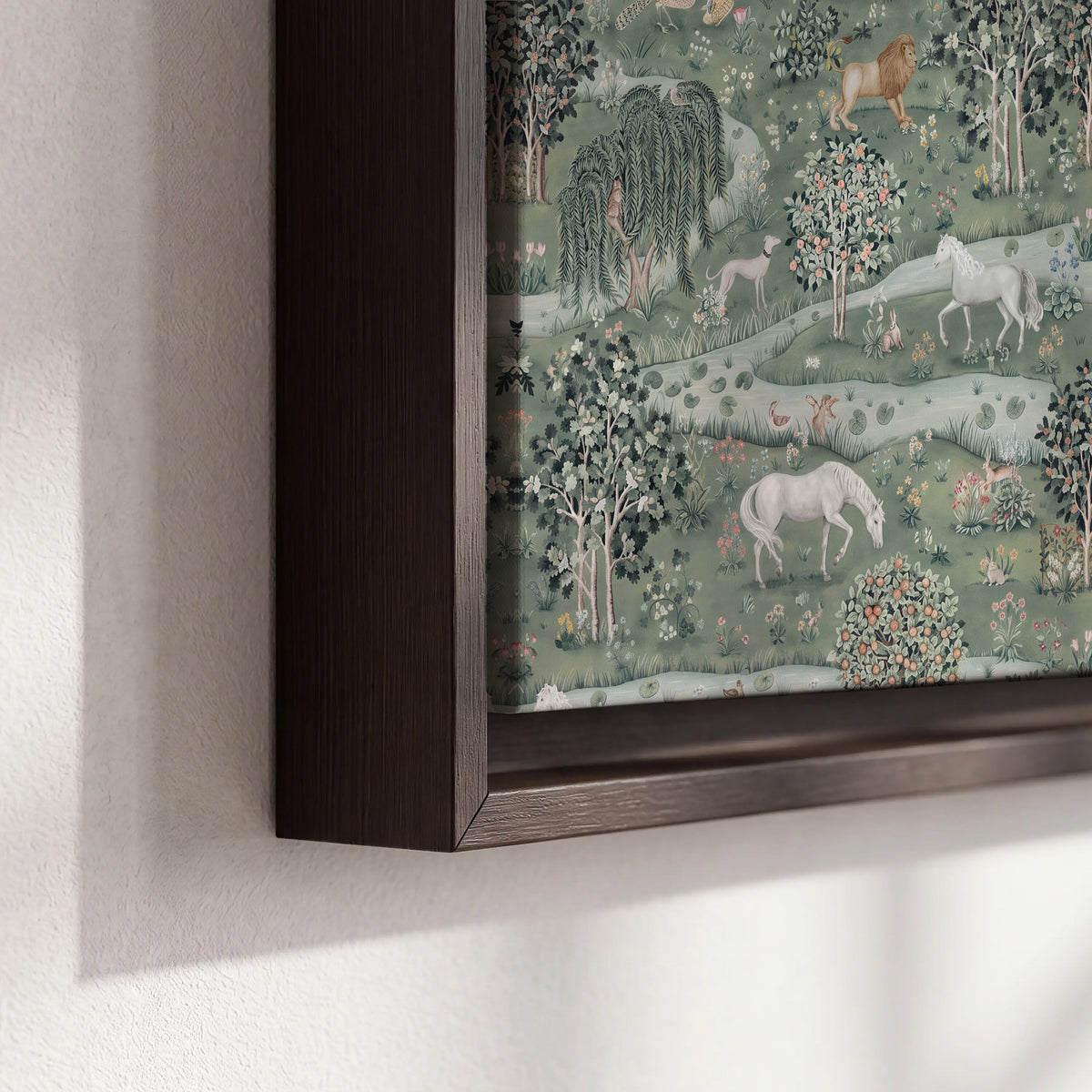 Decorative white horses and woodland animals among sage trees 3 piece framed canvas wall art material and edge close up