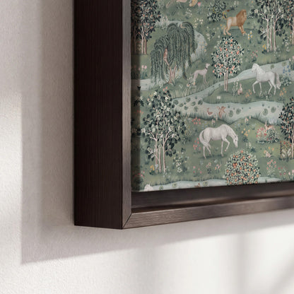 Decorative white horses and woodland animals among sage trees 3 piece framed canvas wall art material and edge close up