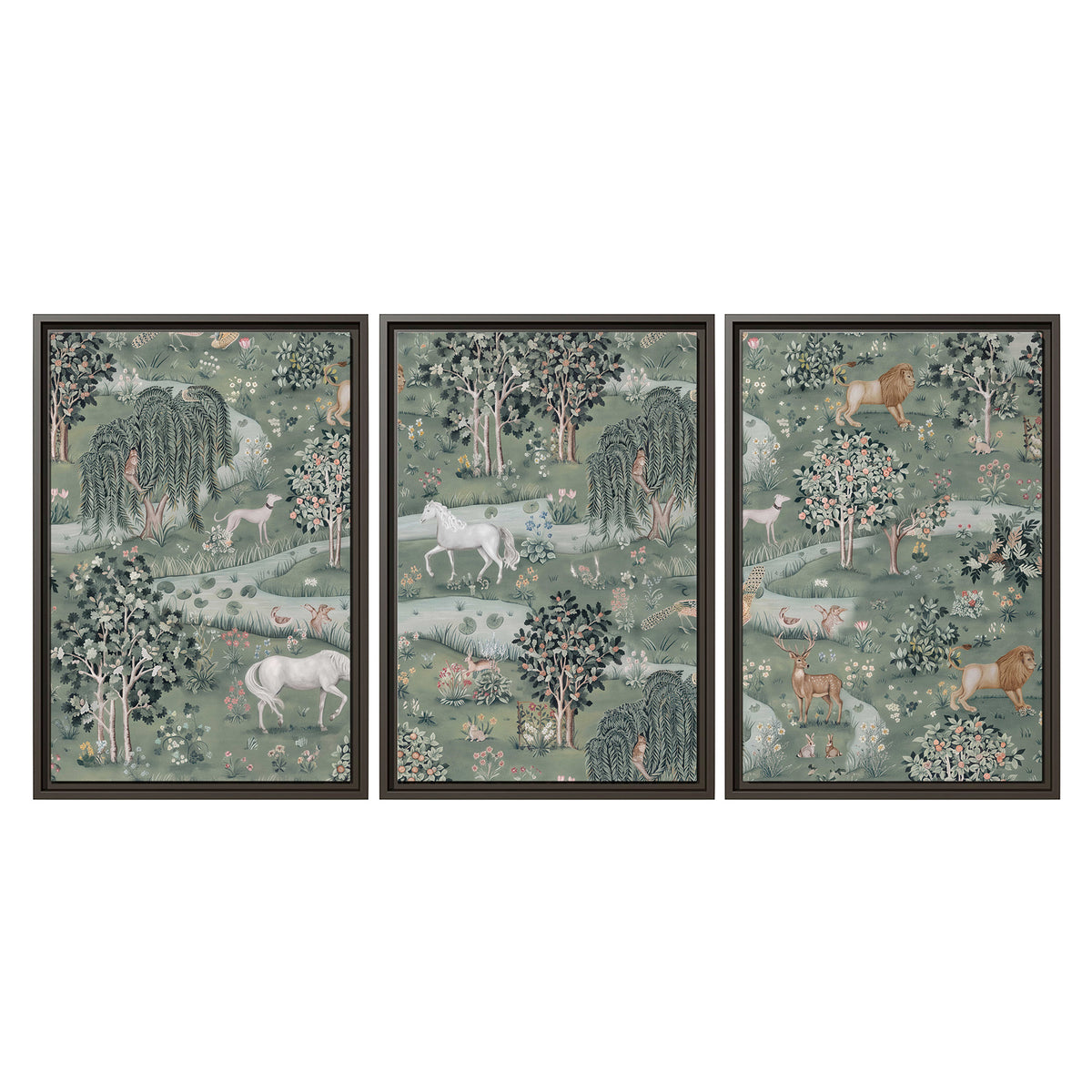 Decorative white horses and woodland animals among sage trees 3 piece framed canvas wall art viewed straight on