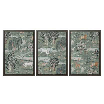 Decorative white horses and woodland animals among sage trees 3 piece framed canvas wall art viewed straight on