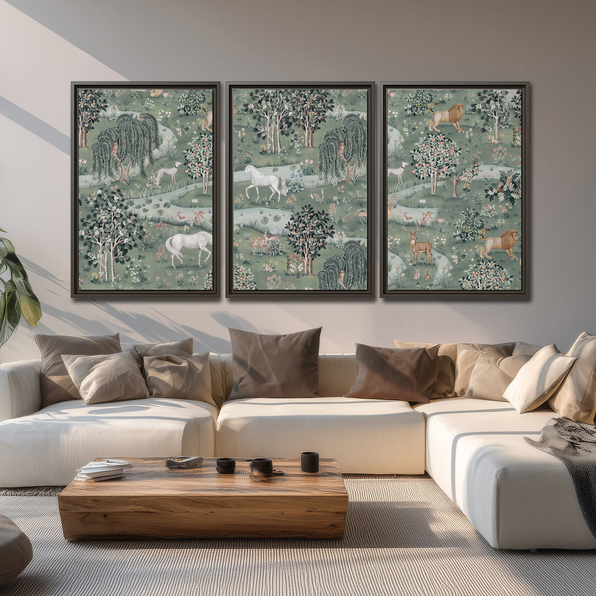 Decorative white horses and woodland animals among sage trees 3 piece framed canvas wall art displayed in a living room