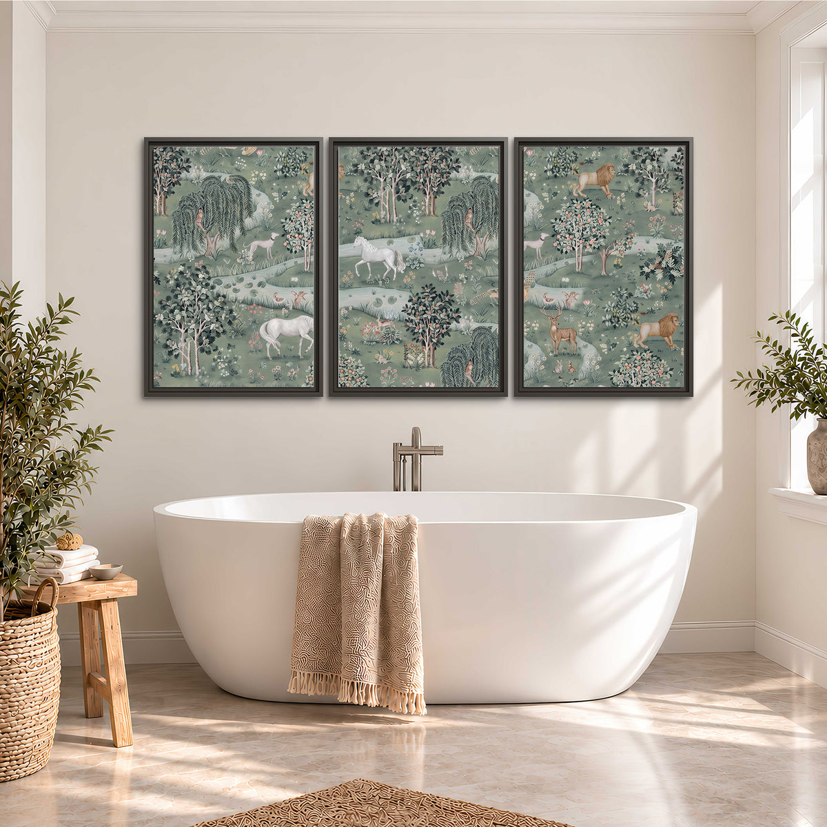 Decorative white horses and woodland animals among sage trees 3 piece framed canvas wall art styled in an interior