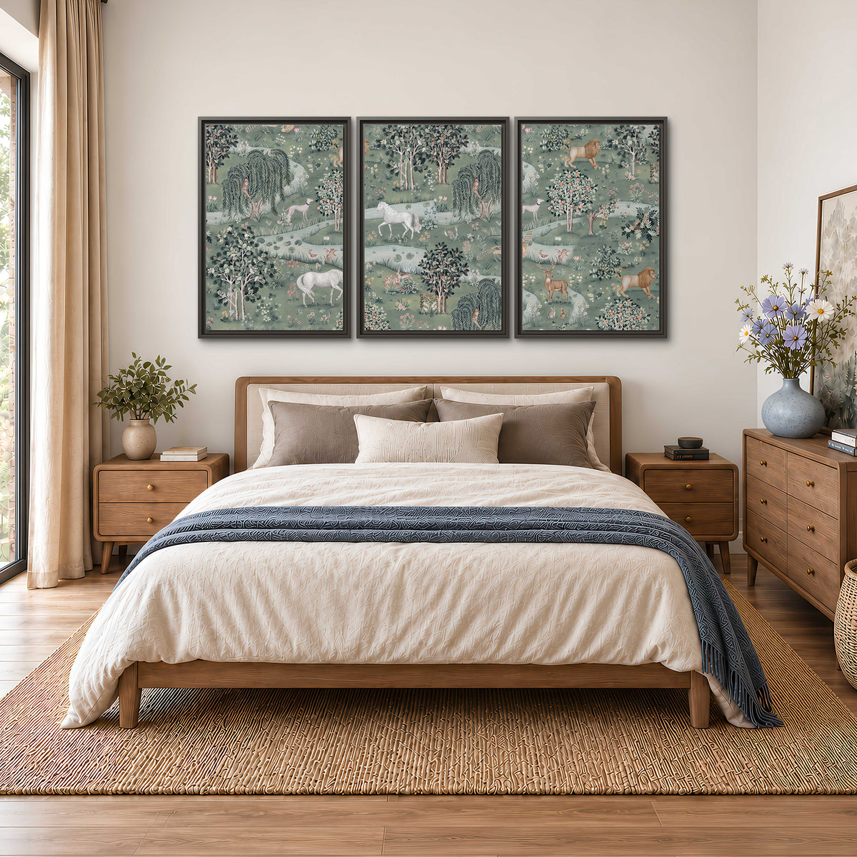 Decorative white horses and woodland animals among sage trees 3 piece framed canvas wall art styled in an interior