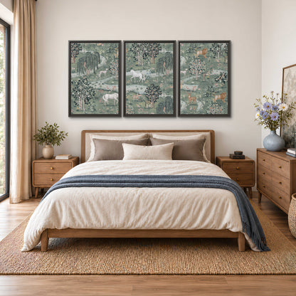Decorative white horses and woodland animals among sage trees 3 piece framed canvas wall art styled in an interior