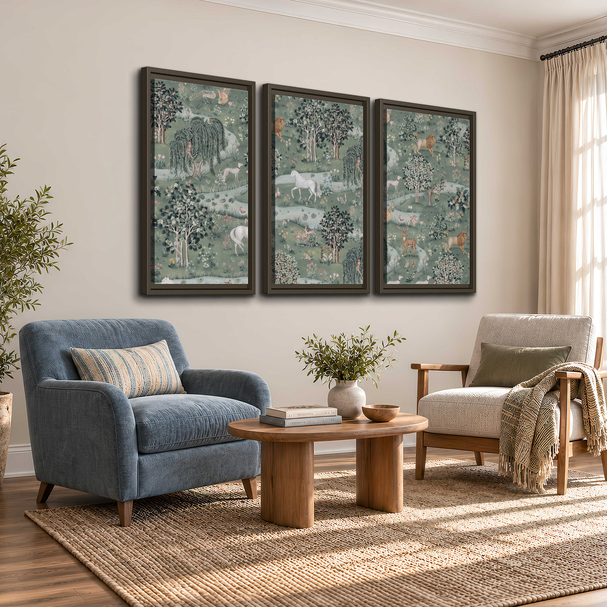 Decorative white horses and woodland animals among sage trees 3 piece framed canvas wall art styled in an interior