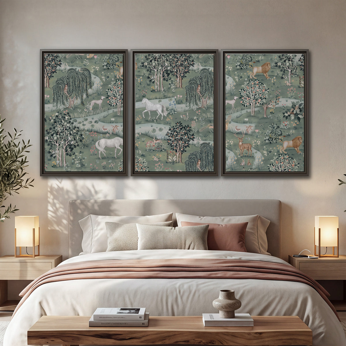 Decorative white horses and woodland animals among sage trees 3 piece framed canvas wall art displayed in a bedroom