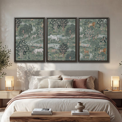 Decorative white horses and woodland animals among sage trees 3 piece framed canvas wall art displayed in a bedroom