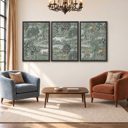 Decorative white horses and woodland animals among sage trees 3 piece framed canvas wall art styled in an interior