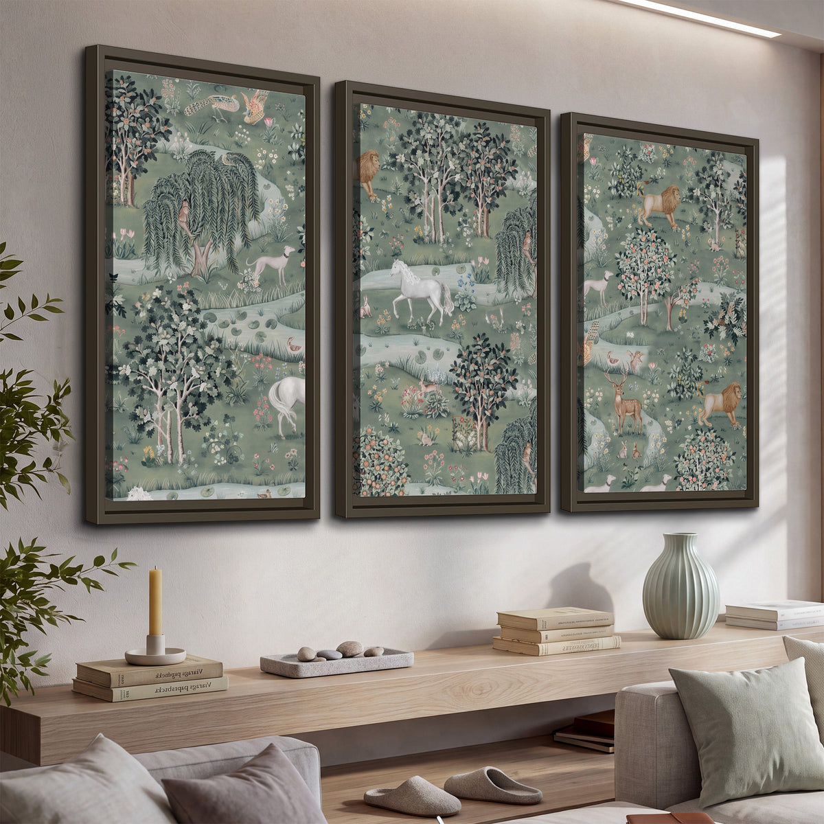 Decorative white horses and woodland animals among sage trees 3 piece framed canvas wall art displayed in a console