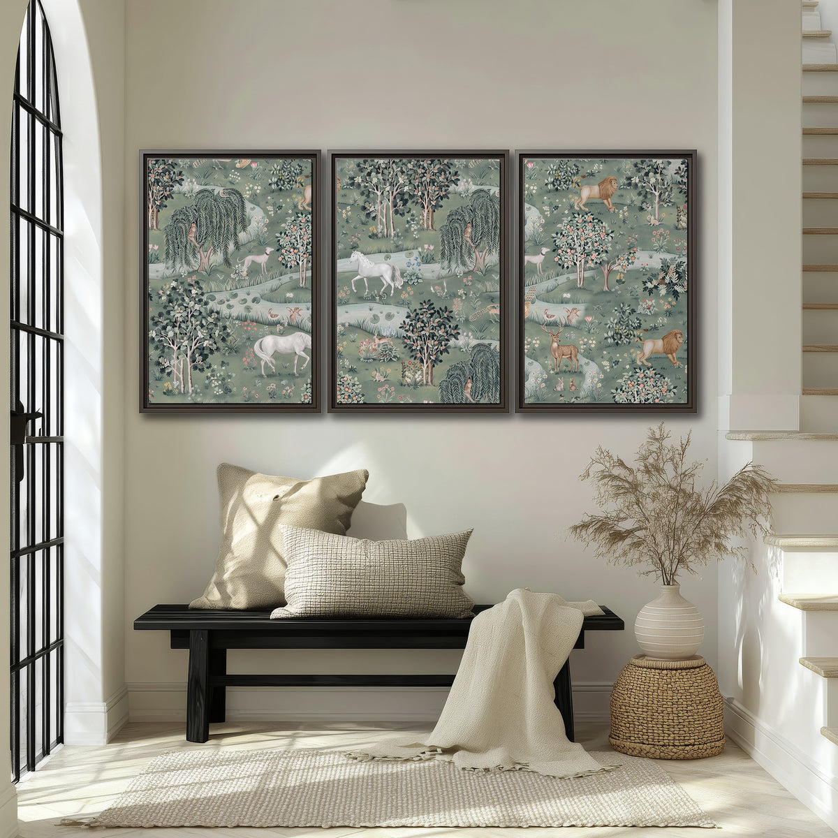 Decorative white horses and woodland animals among sage trees 3 piece framed canvas wall art displayed in a entryway