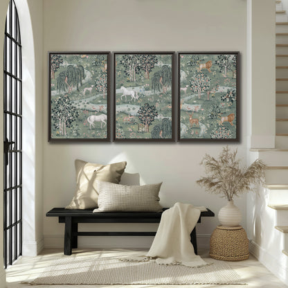 Decorative white horses and woodland animals among sage trees 3 piece framed canvas wall art displayed in a entryway