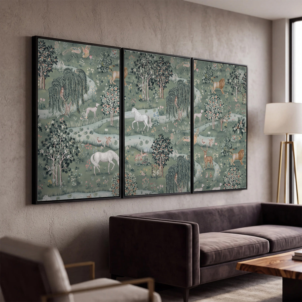 Decorative white horses and woodland animals among sage trees 3 piece framed canvas wall art displayed in a modern living room