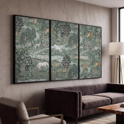 Decorative white horses and woodland animals among sage trees 3 piece framed canvas wall art displayed in a modern living room
