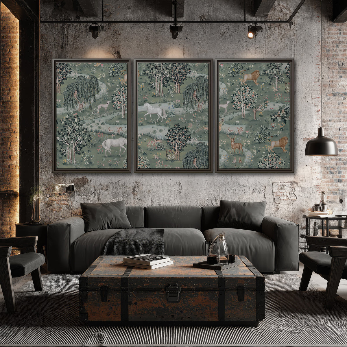 Decorative white horses and woodland animals among sage trees 3 piece framed canvas wall art displayed in a industrial room