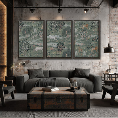 Decorative white horses and woodland animals among sage trees 3 piece framed canvas wall art displayed in a industrial room