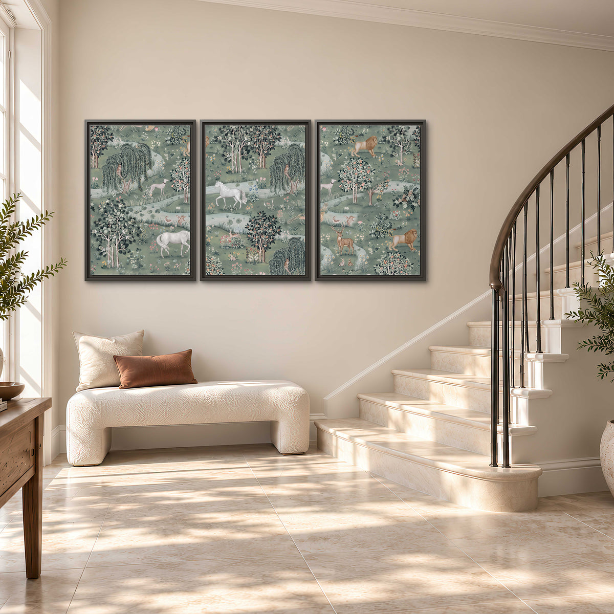 Decorative white horses and woodland animals among sage trees 3 piece framed canvas wall art styled in an interior