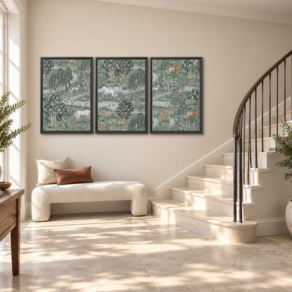 Decorative white horses and woodland animals among sage trees 3 piece framed canvas wall art styled in an interior
