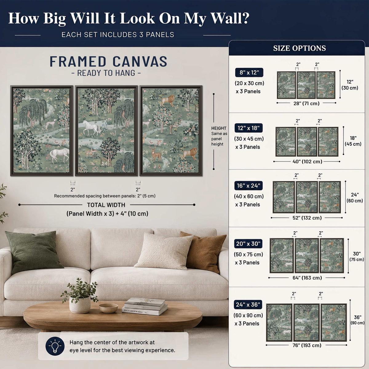 Decorative white horses and woodland animals among sage trees 3 piece framed canvas wall art size guide above a sofa; room view is illustrative
