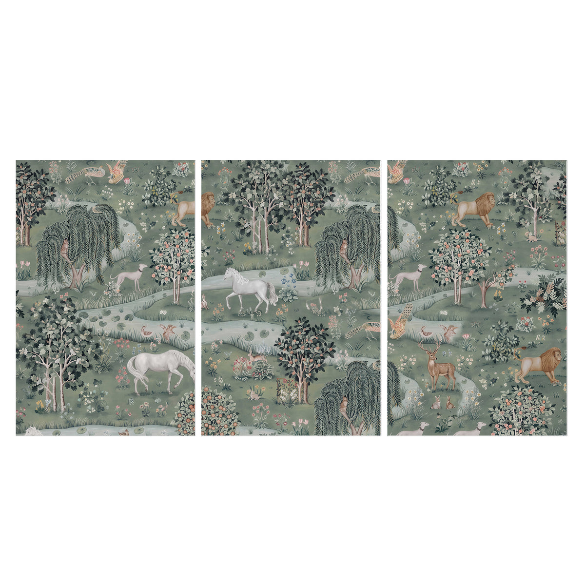 Decorative white horses and woodland animals among sage trees set of 3 poster prints viewed straight on
