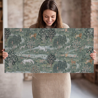 Decorative white horses and woodland animals among sage trees single canvas wall art held in hands
