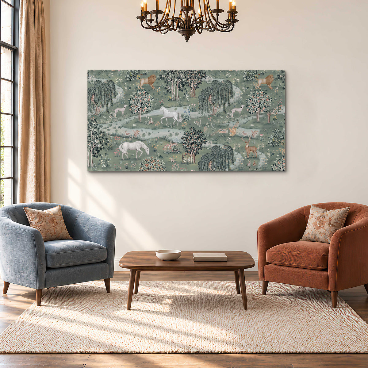 Decorative white horses and woodland animals among sage trees single canvas wall art styled in an interior