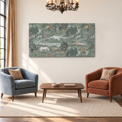 Decorative white horses and woodland animals among sage trees single canvas wall art styled in an interior