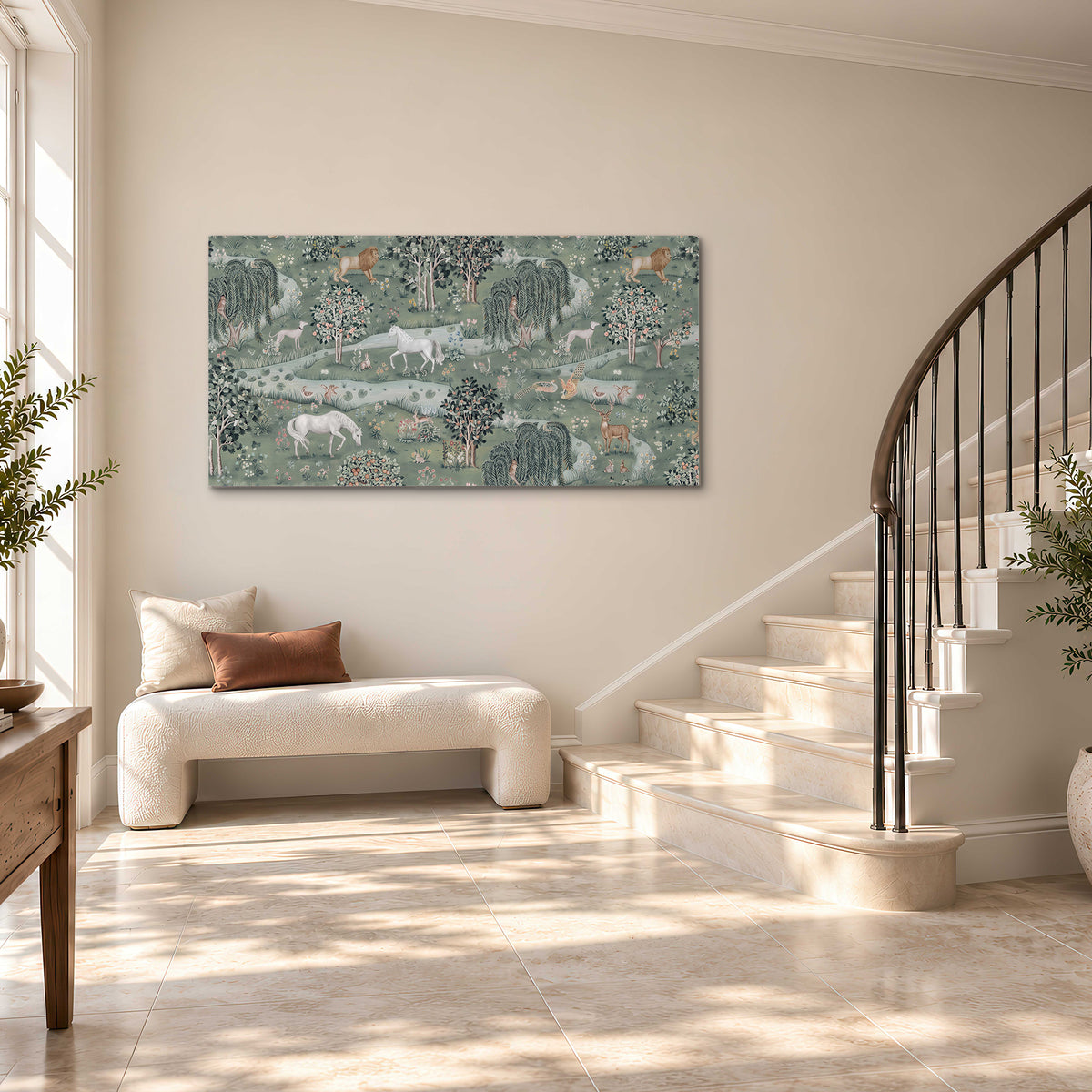 Decorative white horses and woodland animals among sage trees single canvas wall art styled in an interior