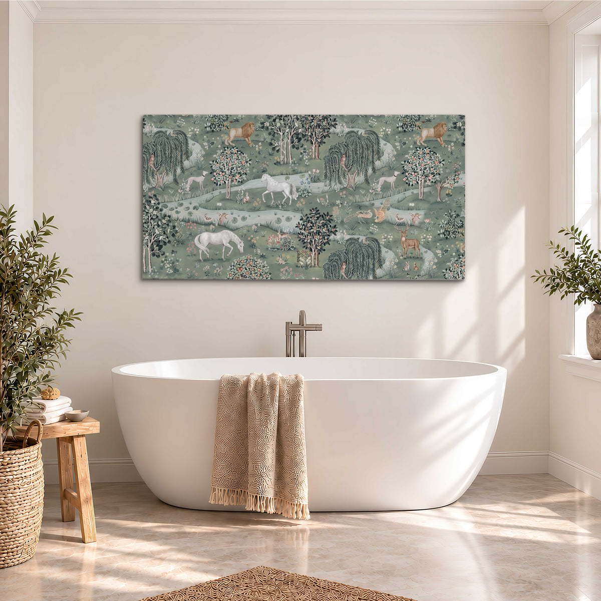 Decorative white horses and woodland animals among sage trees single canvas wall art styled in an interior