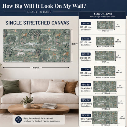 Decorative white horses and woodland animals among sage trees single canvas wall art size guide above a sofa; room view is illustrative