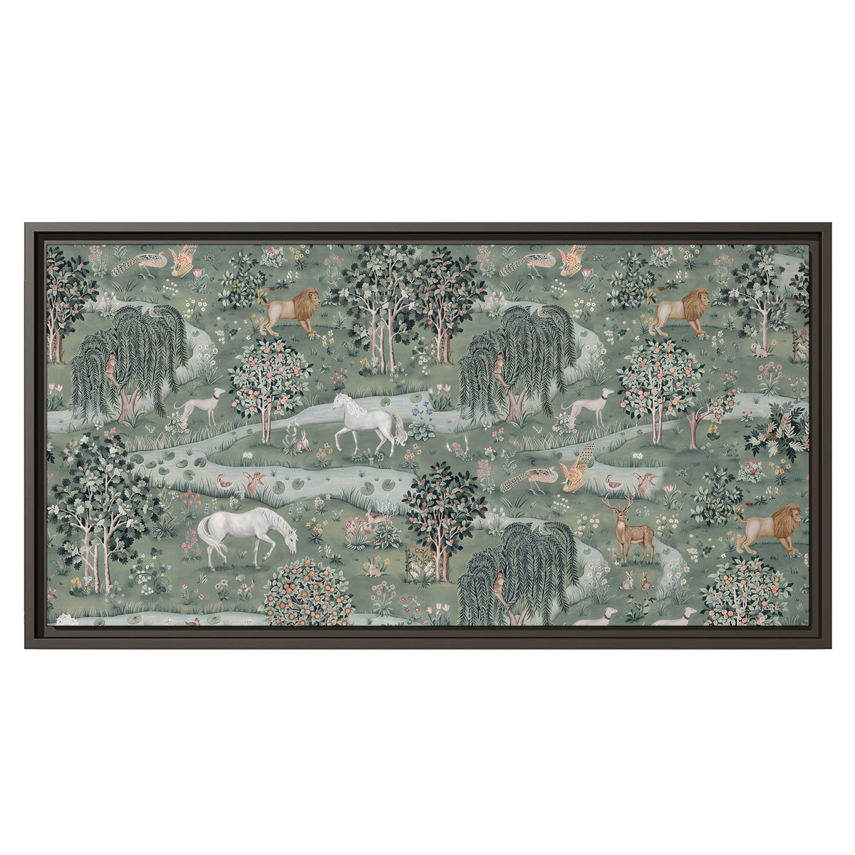 Decorative white horses and woodland animals among sage trees single framed canvas wall art viewed straight on