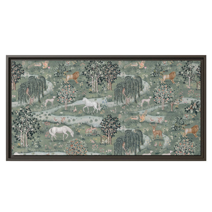 Decorative white horses and woodland animals among sage trees single framed canvas wall art viewed straight on