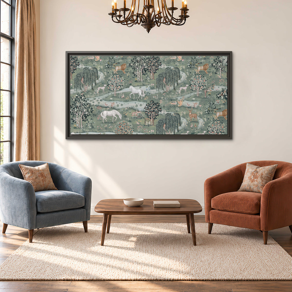 Decorative white horses and woodland animals among sage trees single framed canvas wall art styled in an interior