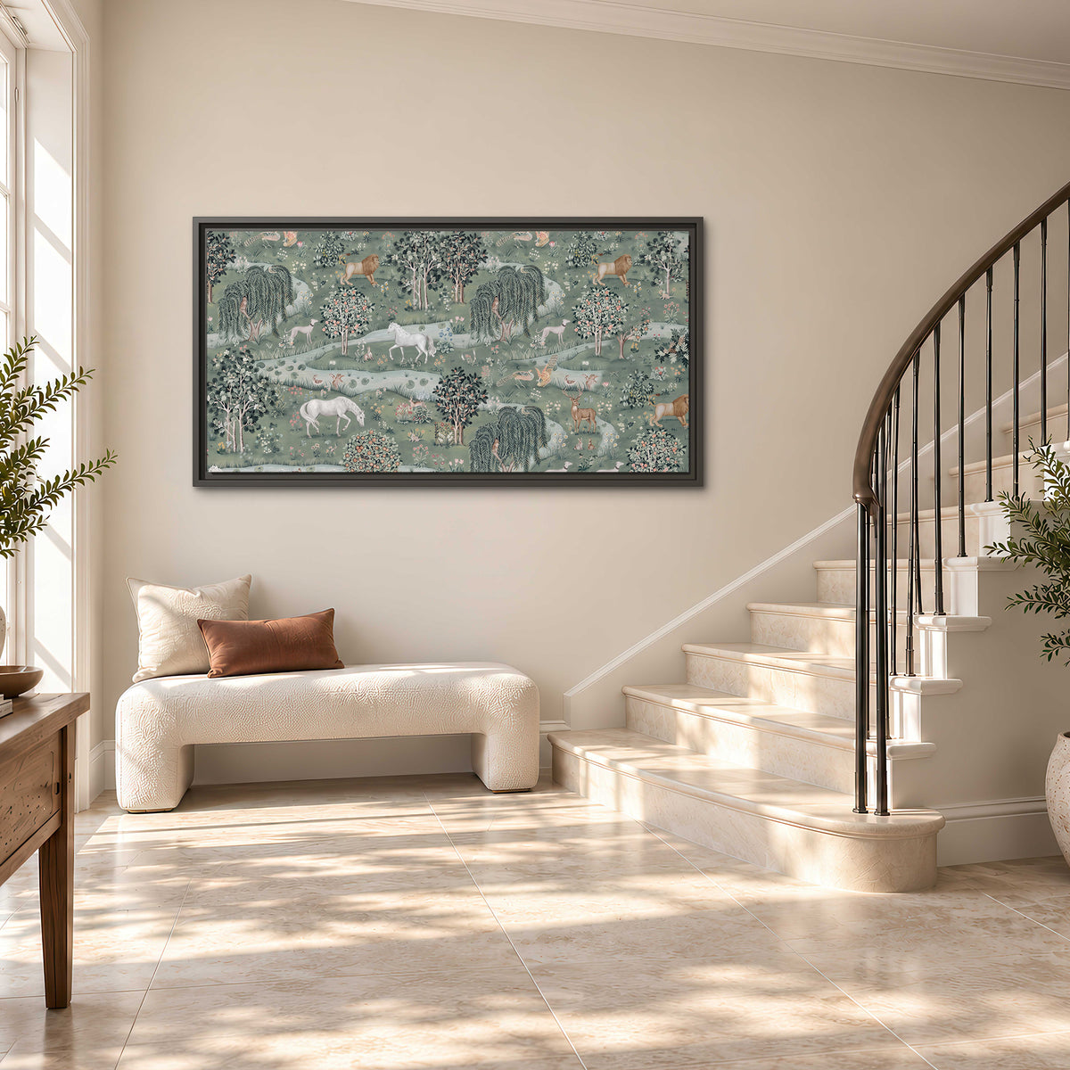 Decorative white horses and woodland animals among sage trees single framed canvas wall art styled in an interior