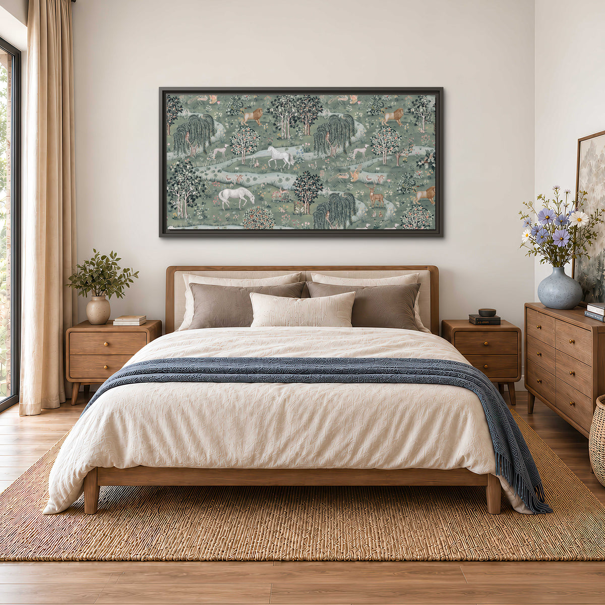 Decorative white horses and woodland animals among sage trees single framed canvas wall art styled in an interior