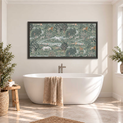 Decorative white horses and woodland animals among sage trees single framed canvas wall art styled in an interior