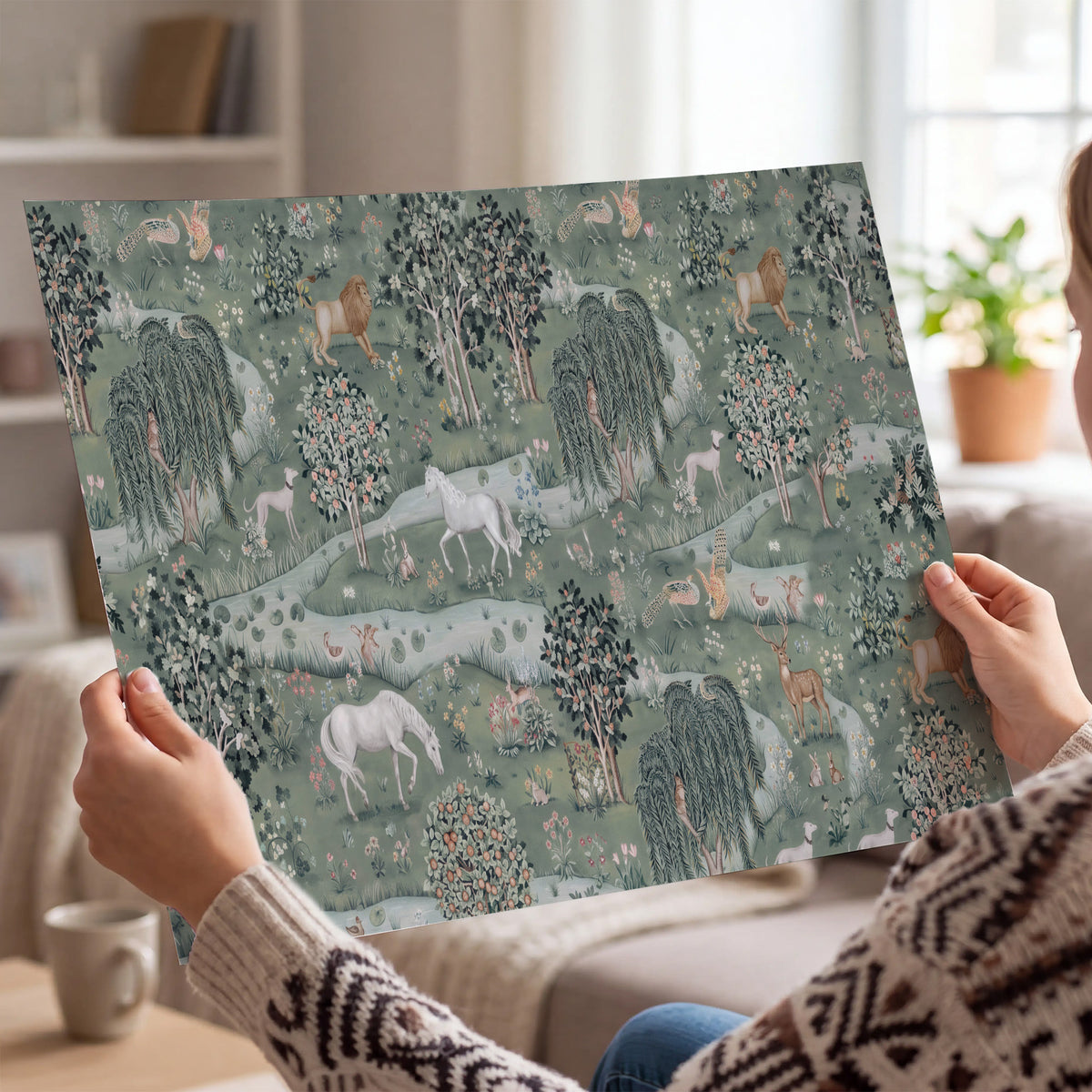 Decorative white horses and woodland animals among sage trees single poster print held in hands