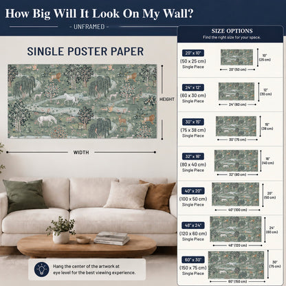 Decorative white horses and woodland animals among sage trees single poster print size guide above a sofa; room view is illustrative