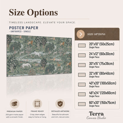 Decorative white horses and woodland animals among sage trees single poster print available dimensions
