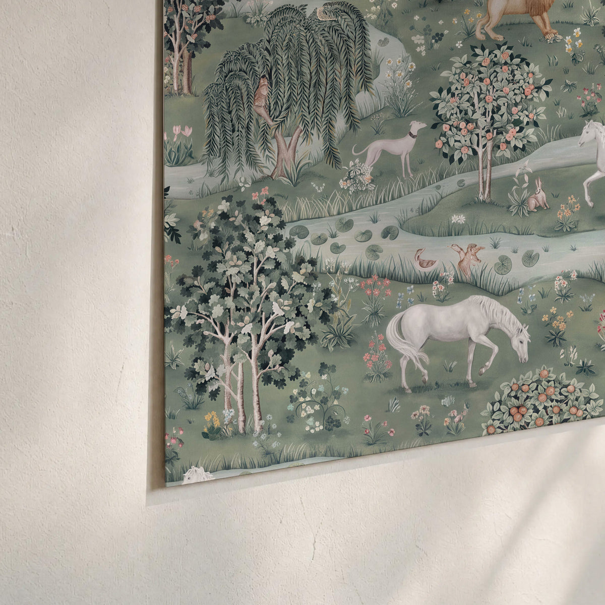 Decorative white horses and woodland animals among sage trees set of 3 poster prints material and edge close up