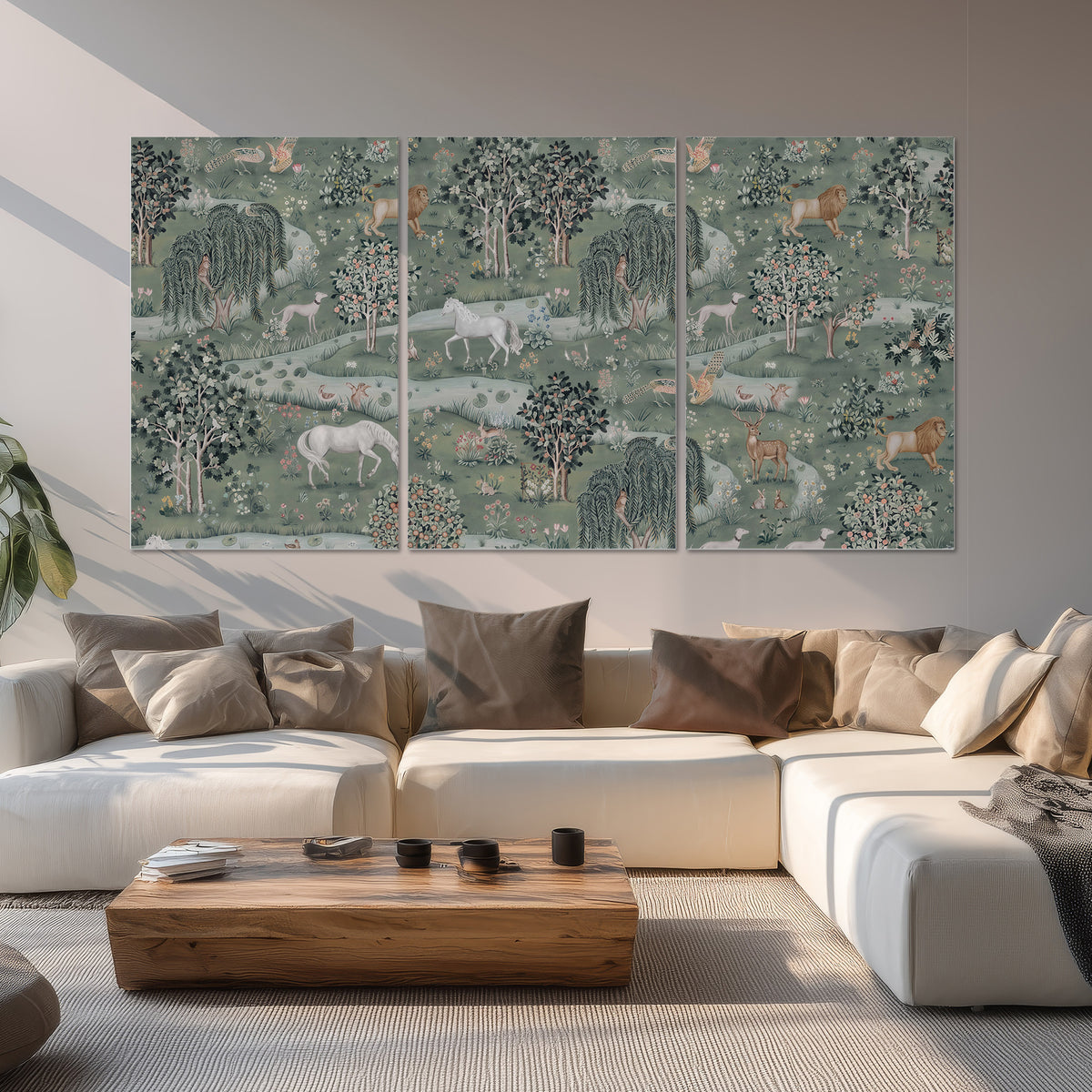 Decorative white horses and woodland animals among sage trees set of 3 poster prints displayed in a living room