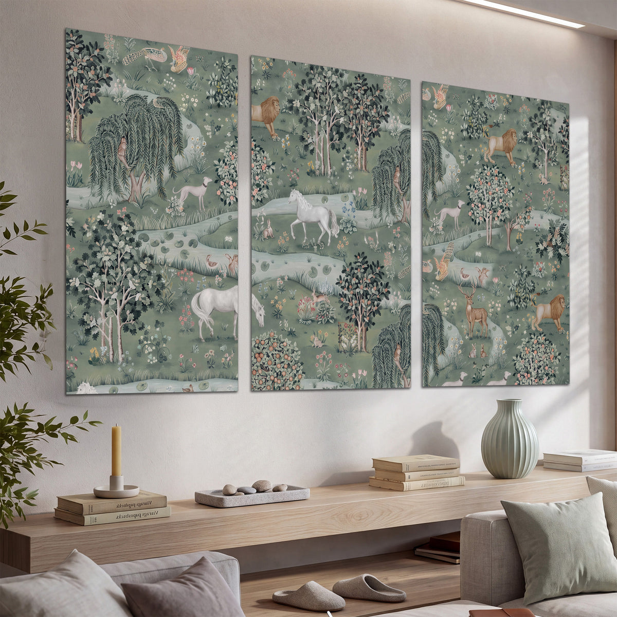 Decorative white horses and woodland animals among sage trees set of 3 poster prints displayed in a console