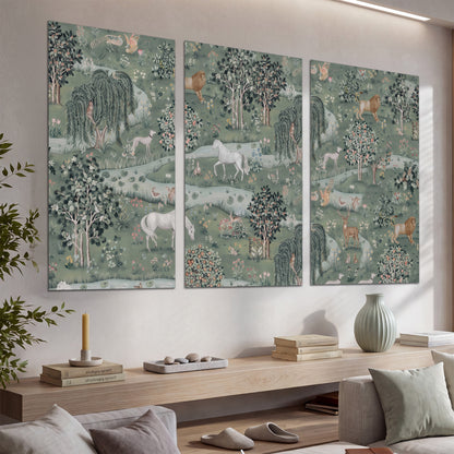 Decorative white horses and woodland animals among sage trees set of 3 poster prints displayed in a console