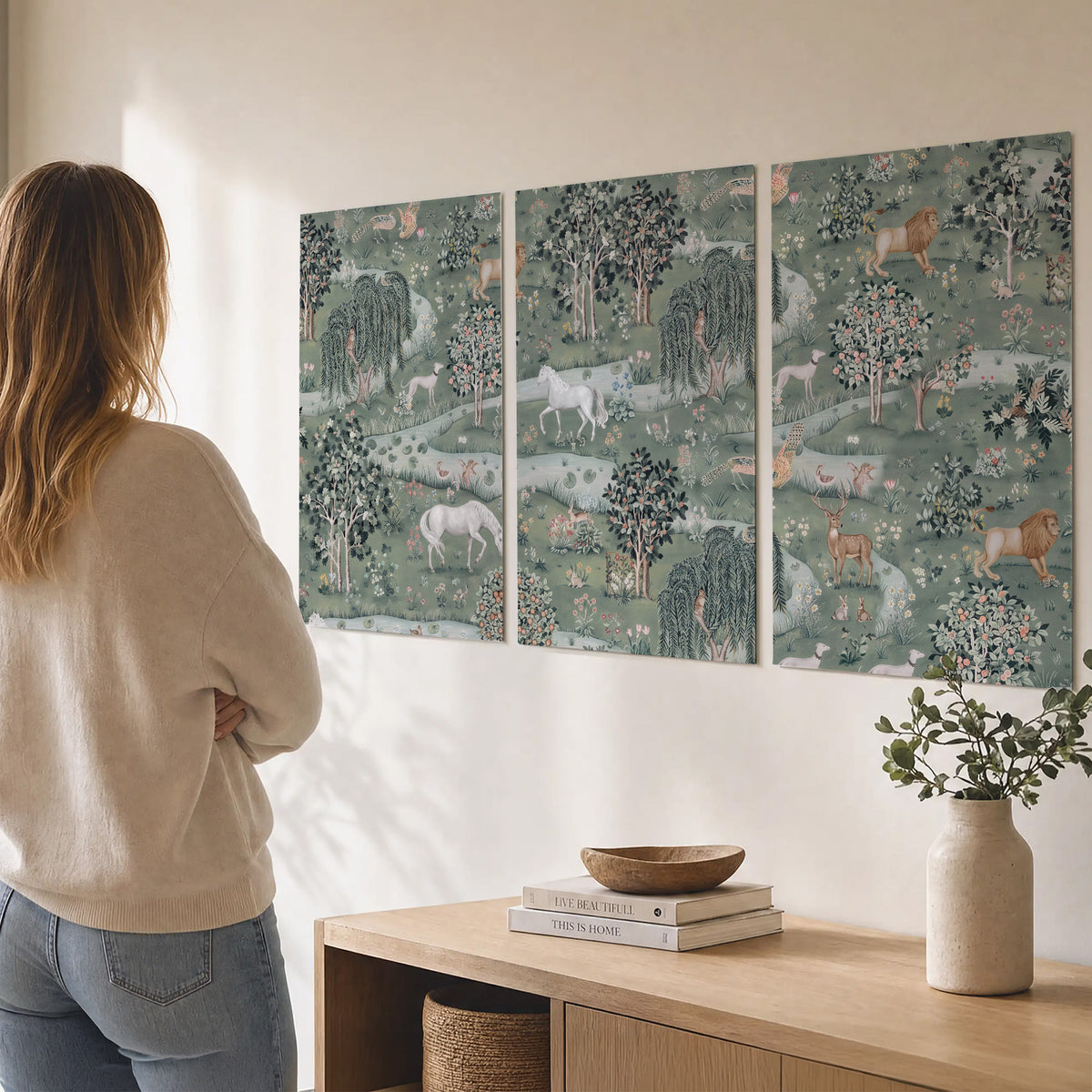 Decorative white horses and woodland animals among sage trees set of 3 poster prints three panel arrangement on a wall