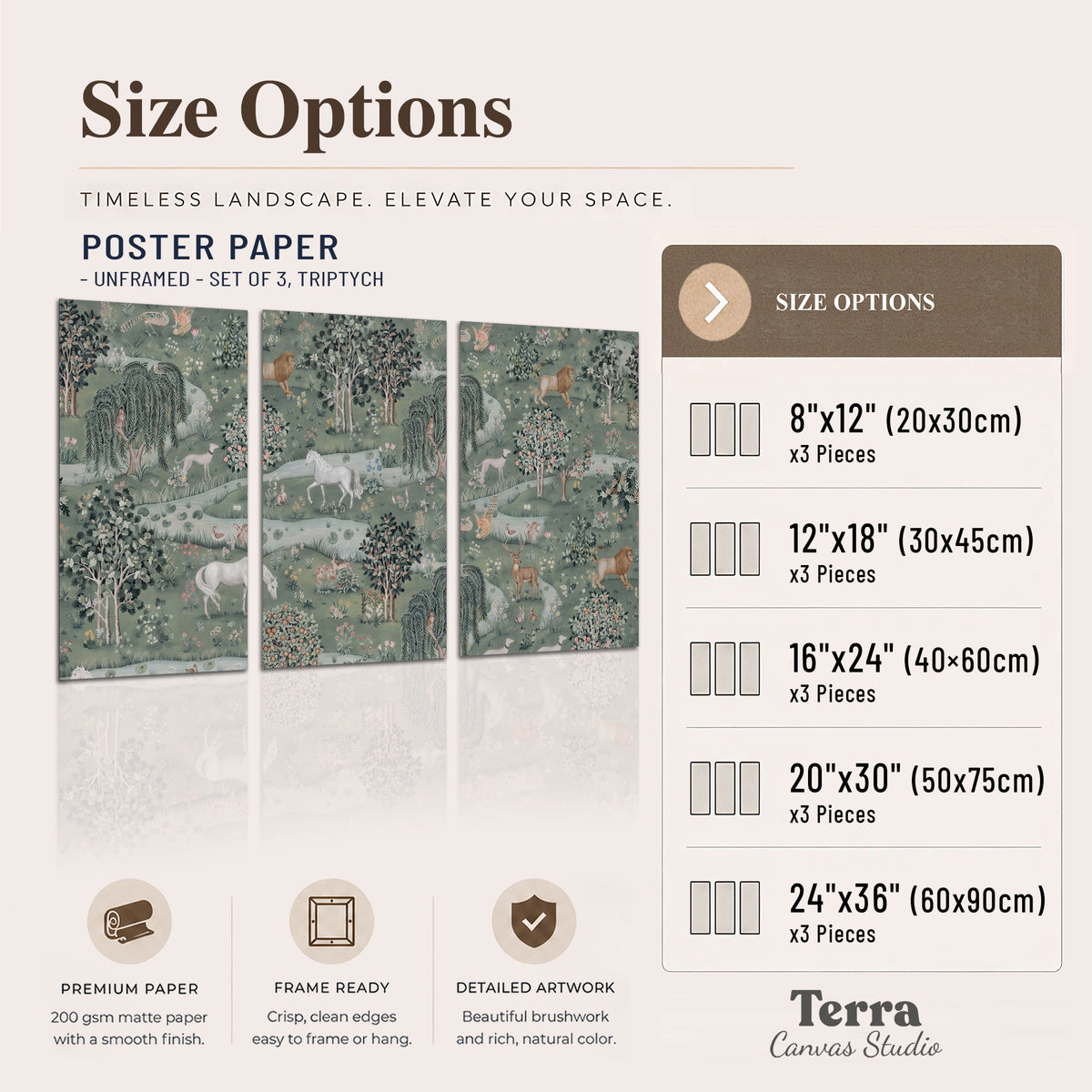 Decorative white horses and woodland animals among sage trees set of 3 poster prints available dimensions; triptych dimensions are per panel